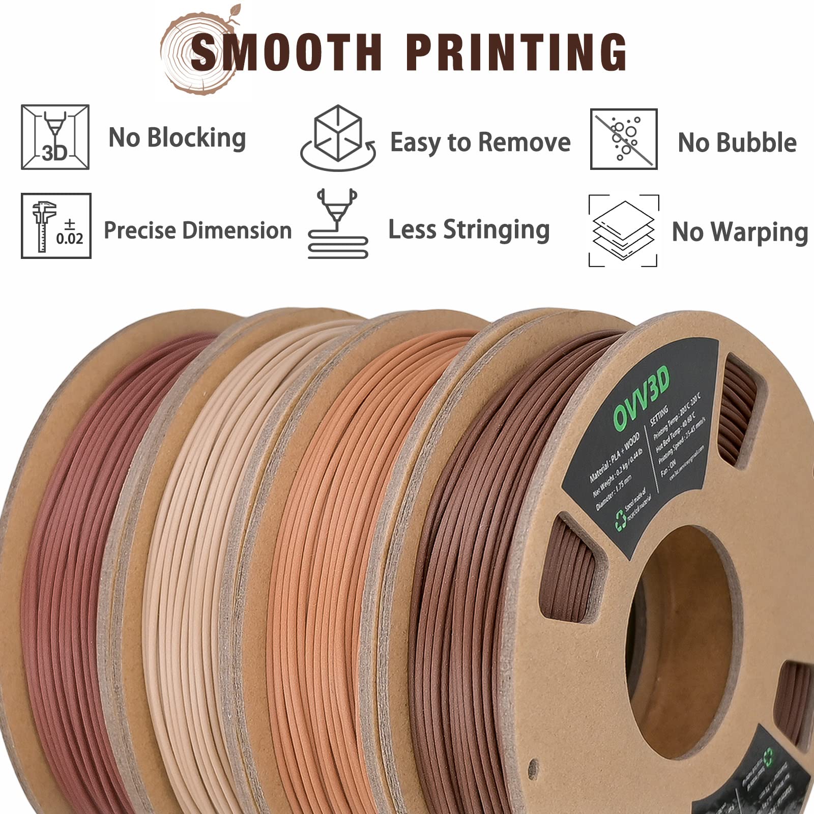 OVV3D Wood 3D Printer Filament Bundle, Wood PLA Filament 1.75mm Bundle, Wood Filament More Than 30% Real Wood Fiber, Walnut, Oak, Cherry, Teak, 1.75 PLA Filament 3D Printing Filament, 200g X  - WoodArtSupply