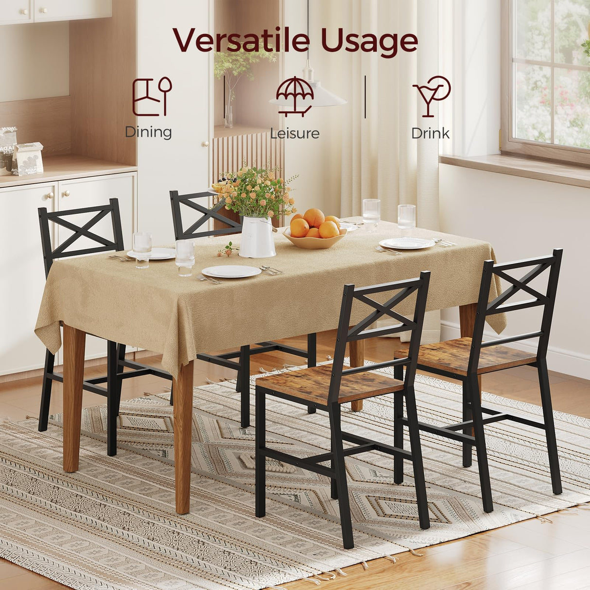 MAHANCRIS Dining Chair Set of 4, Rustic Wooden Kitchen Chairs with Backrest, Farmhouse Dining Chairs for Kitchen, Industrial Style Chair with Metal Frame, Easy Assembly, Rustic Brown TBHR1001S4 MAHANCRIS