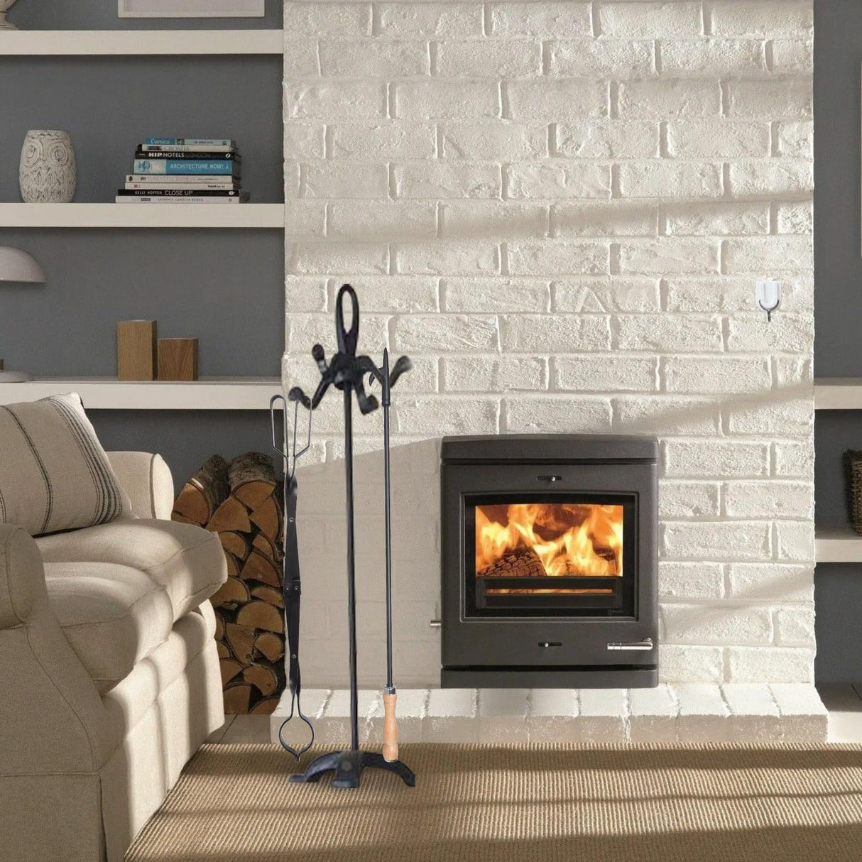 Heavy Duty 32” Long Fireplace Fire Pit Campfire Poker Stick and 26” Fireplace Tongs Tool Sets, Log Grabber, Rust Resistant Black Finish Camping Fireplace Tools for Indoor/Outdoor himaly