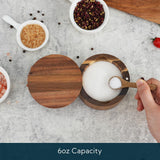 KITCHENDAO Acacia Wood Salt Cellar Bowl Box with Built-in Spoon to avoid Dust, Elegant Kitchen Salt Container Holder with Swivel Magnetic Lid to Storage Pepper Spice Bath Salt Sea Salt, 6OZ KITCHENDAO