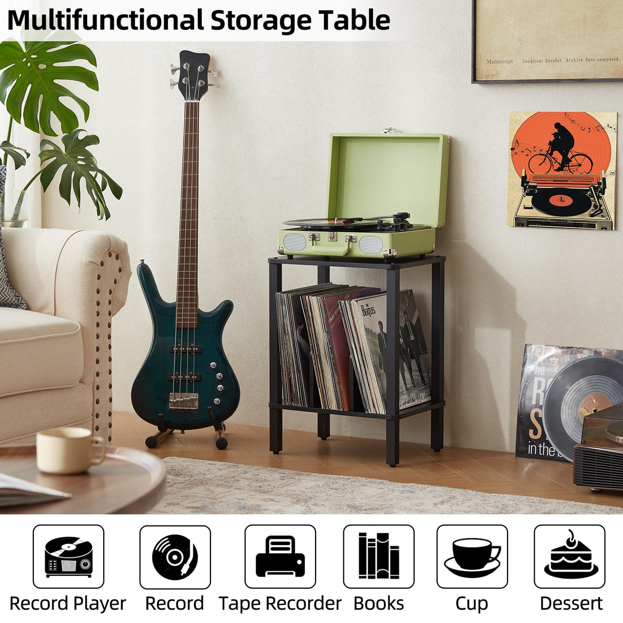 LELELINKY 2-Tier Record Player Stand with Vinyl Record Storage up to 100 Albums, Bedroom Record Holder and Multi-Functional End Table for Living Room, Black LELELINKY