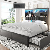 Lifezone Queen Bed Frame with Headboard, Queen Bed Frame with High Storage Bookcase Headboard, 4 Storage Drawers & Charging Station, No Box Spring Needed/Noise Free/All-Metal Support, Rustic Grey Lifezone