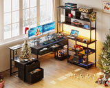 AODK 71 inch L Shaped Desk with File Drawers, Reversible L Shaped Gaming Desk with Power Outlets & LED Lights, Computer Desk with Storage Shelves for Home Office, Black AODK