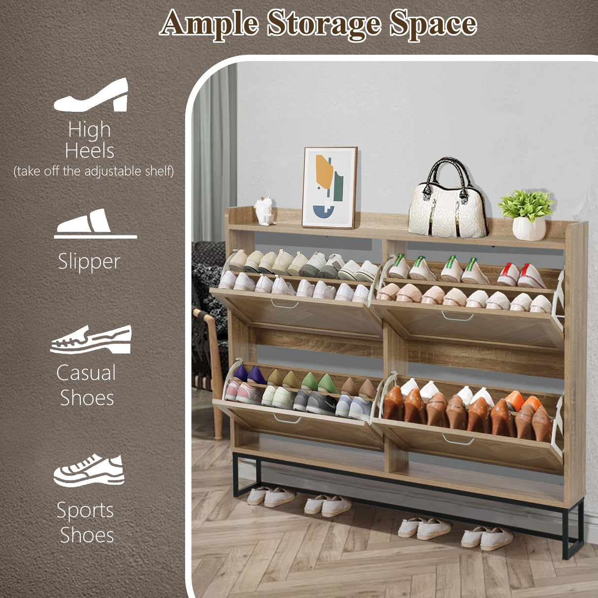 MISHAO Shoe Storage Cabinet with 4 Flip Drawers, Narrow Hidden Shoe Cabinet with Metal Legs & Adjustable Shelf, Freestanding Slim Shoe Rack Organizer for Entryway, Natural MISHAO