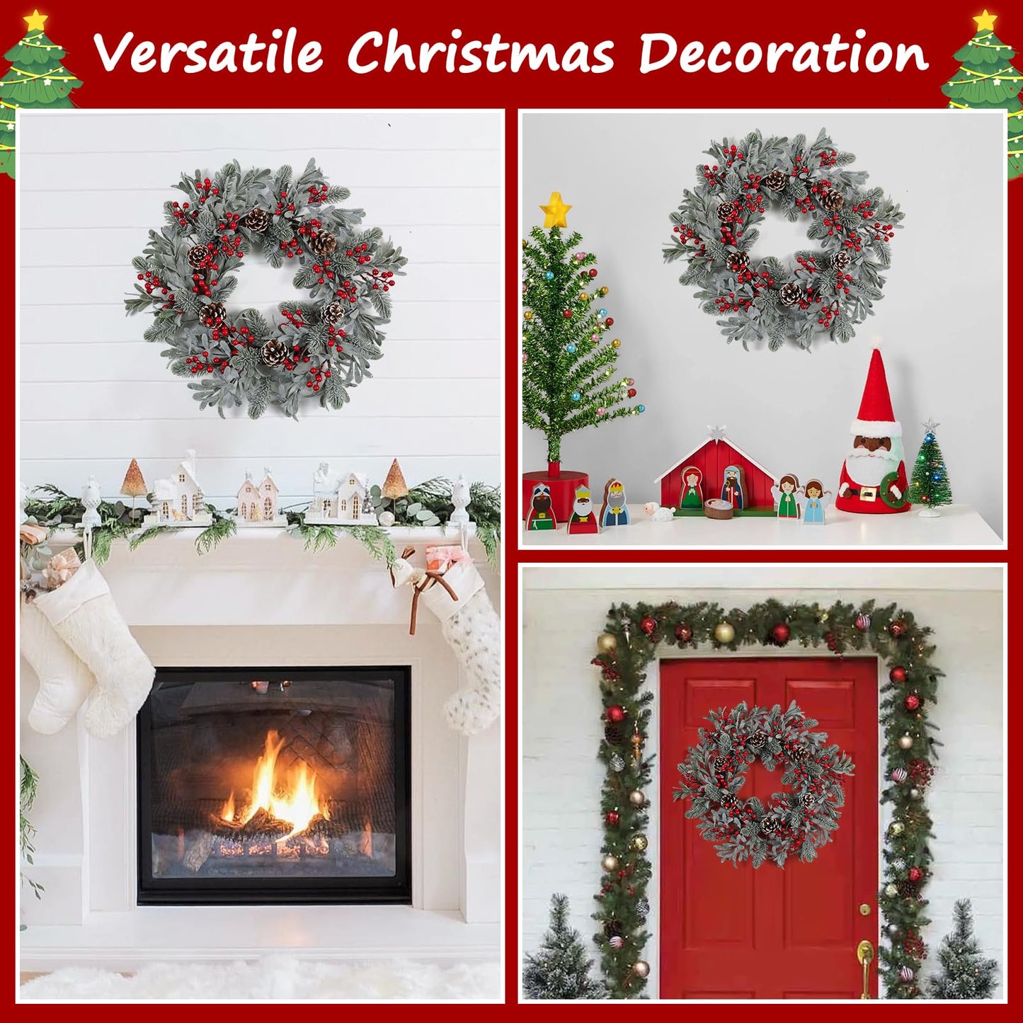 podafu Artificial Christmas Wreath 20 Inch Christmas Wreaths for Front Door Winter Wreath with Red Holly Berries Pine Cones for Front Doors Xmas Winter Holiday Indoor and Outdoor