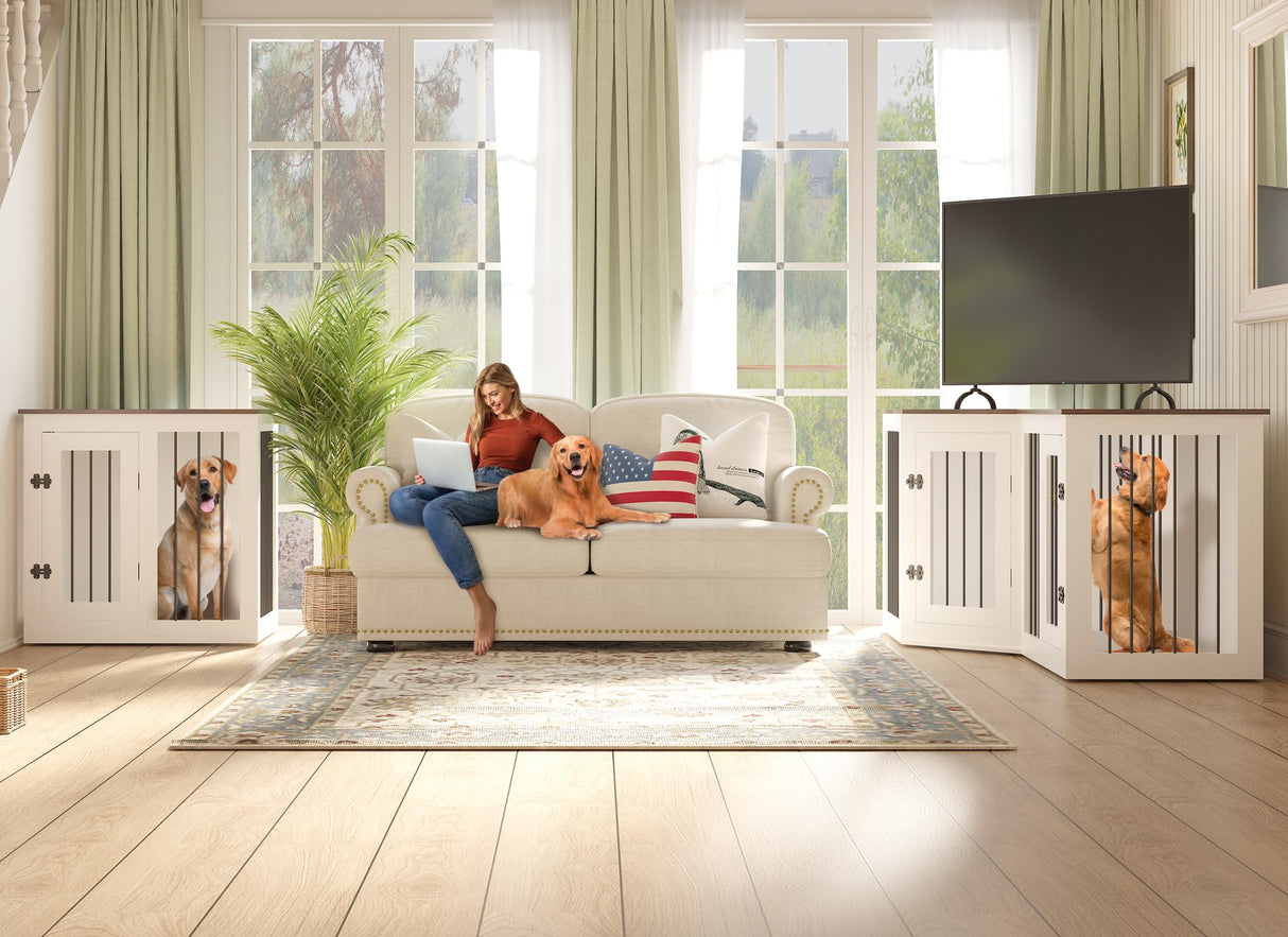 Large Dog Crate Furniture for 3 Dogs, 113'' Corner Dog Crate with Divider, 3 in 1 Heavy Duty Indoor Wooden Dog Kennel Furniture for Small Medium Large Dogs, White DEYGIA