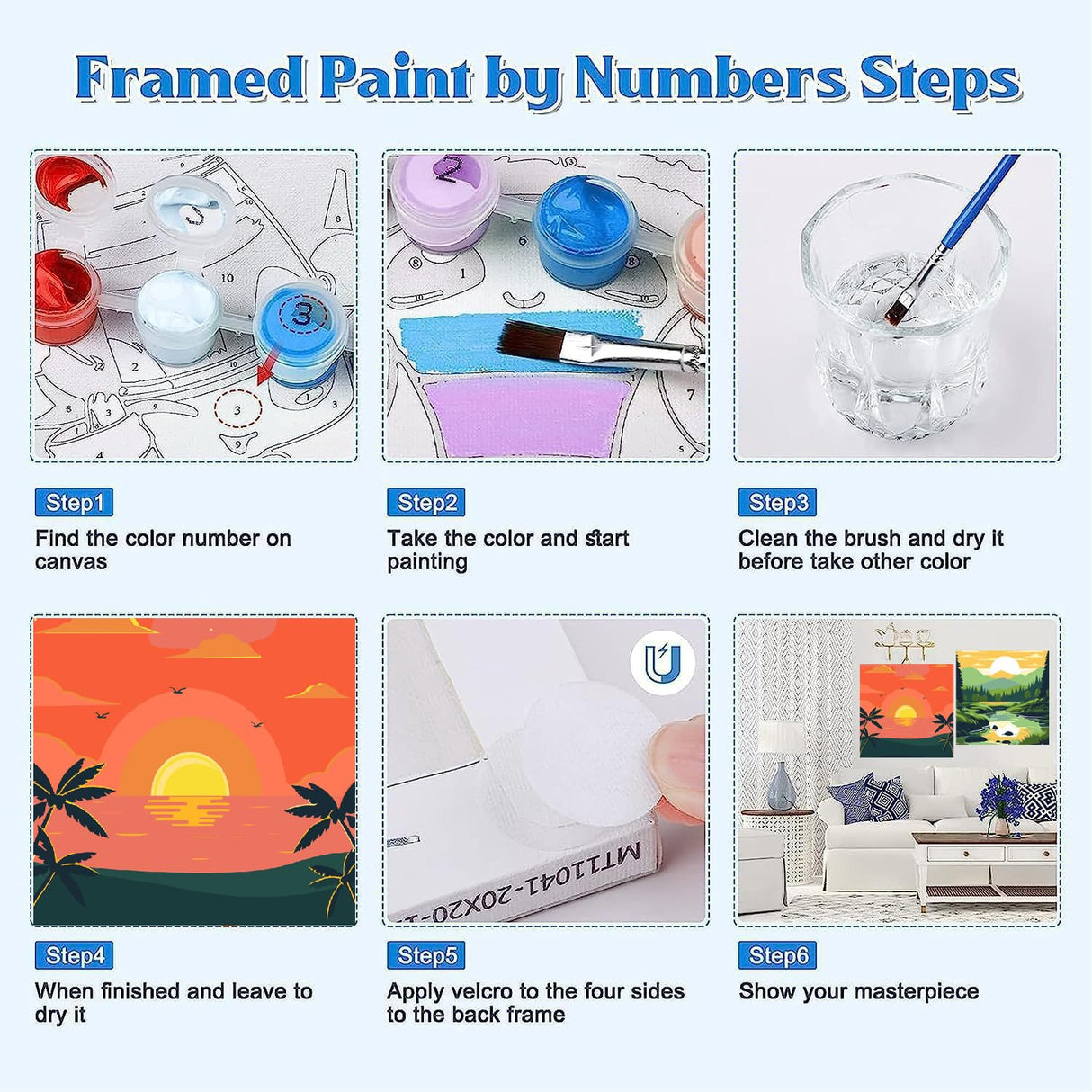 4 Framed Landscape DIY Paint by Numbers Kit for Adults Beginner,Sunset Easy Painting by Number with Canvas,Acrylic Paint Kit Arts and Crafts for Adults for Decor 8x8inch Canrichshop