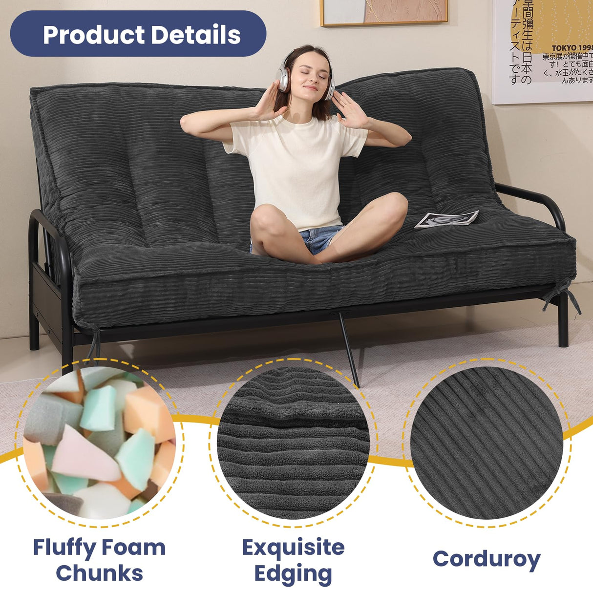 JUIKURY 8" Futon Mattress Full Size, Thick Futons Sofa Couch Bed Sleeper Sofa Bed, Floor Mattress for Adults, Roll Up Folding Mattres Shredded Foam Filling, Medium Firm(Frame Not Included) JUIKURY