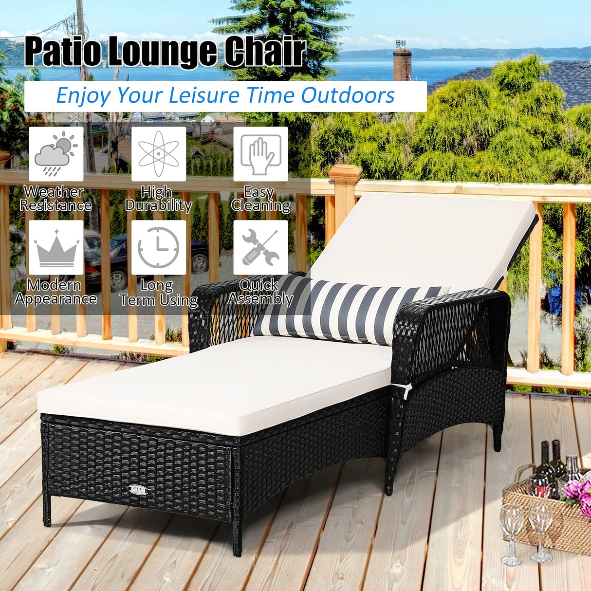 Tangkula Patio Wicker Chaise Lounge Chair, Outdoor Rattan Reclining Chaise w/ 6-Gear Adjustable Backrest, Thick Padded Cushion & Removable Lumbar Pillow, Ideal for Lawn, Beach, Balcony (Black) Tangkula