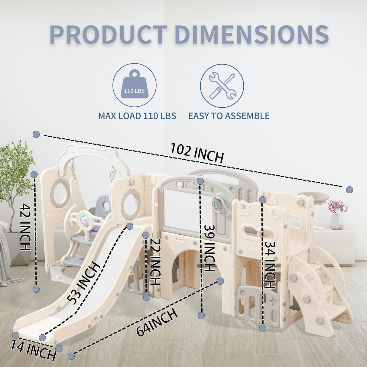 Lovgrils 12 in 1 Toddler Outdoor Playset with Swing, Indoor Swing and Slide Set Playground for Toddlers 1-3, Durable Climber Basketball Hoop Ball Toddler Indoor Playset for Home Playground-White Grey Lovgrils