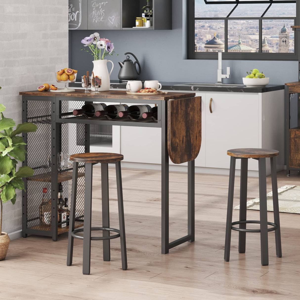 Expandable Rustic Brown Bar Table and Chair Set with Wine Rack and Adjustable Storage Shelves by Bestier Bestier