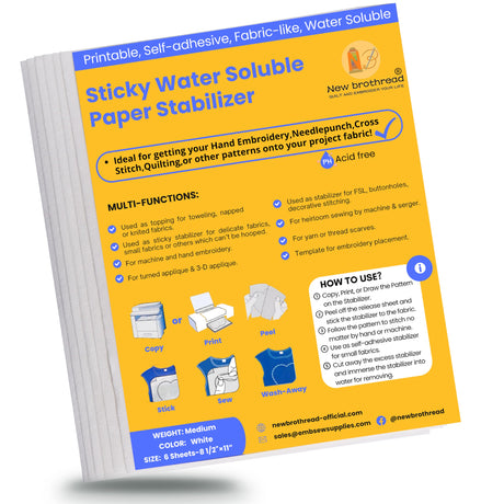 New brothread 6PCS 8.5"x11" Sticky Water Soluble Embroidery Stabilizer Printable Paper Stabilizer - Medium Weight - Allowed for Print or Draw Patterns Best for Hand & Machine Embroidery New brothread