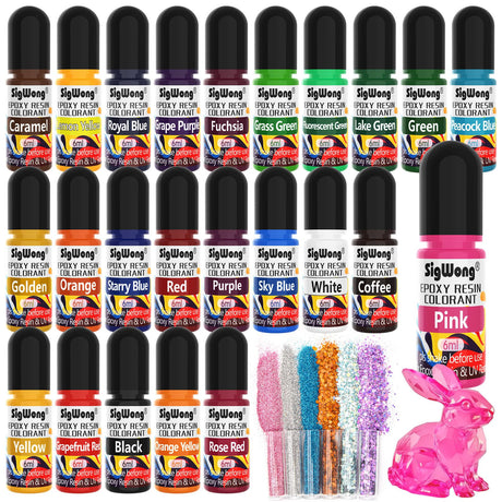 Epoxy Resin Color Pigment – 24 Colors Liquid Epoxy Dye Set with 6 Glitters, Highly Concentrated, Non-Toxic Resin Pigment for Art, Jewelry Making & Crafts – Each 6ml/ 0.25 oz SigWong