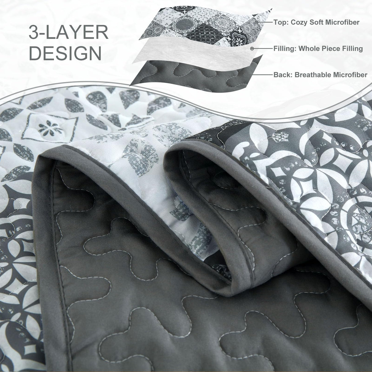 Dobuyly Grey Black Quilt Set Queen Size, Boho Plaid Patchwork Bedspreads Coverlet Set, 3 Pieces Soft Lightweight Microfiber Farmhouse Quilt Bedding Set for All Seasons 96"x90" Dobuyly