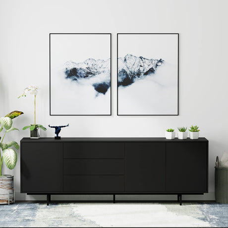 Glenwillow Home Atlas 78" x 28" Highboy Modern TV Stand Cabinet and Sideboard - Black Frame, Black Door/Drawers, Black Base Glenwillow Home