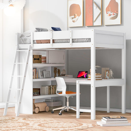 Merax White Full Loft Bed with Integrated Desk and Bookshelf – Space-Saving Solid Pine Design Merax