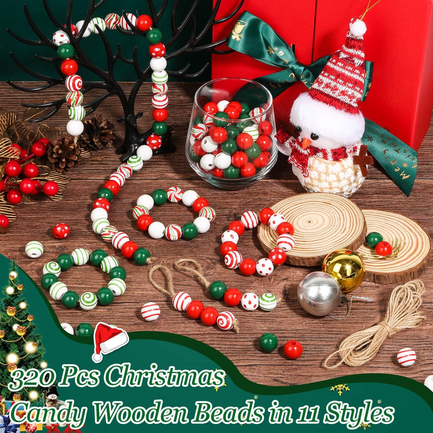 ROADPLUM 320 PCS Christmas Wooden Beads with Jute Twine, 16mm Wooden Christmas Beads in 11 Styles, Wooden Craft Beads with Holes for Christmas Party Holiday Decoration and Bracelet Making