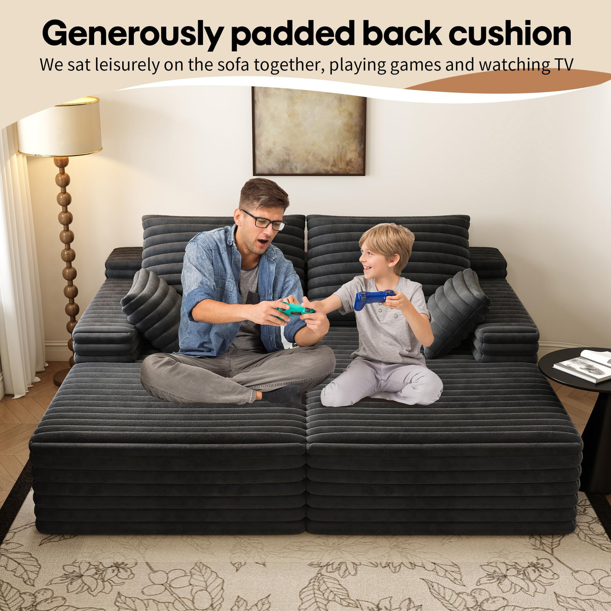 80” Oversized Double Lounge Chaise,Cloud Plush Sofa Bed,Upholstered Boneless Cloud Sofa Deep Seat,No Assembly Required,Modern Corduroy Sleeper Loveseat Chair for Living Room Bedroom Reading,Black Settab