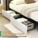 AMERLIFE Queen Bed Frame with Bookcase Headboard and 4 Storage Drawers, Wooden Platform Bed with Charging Station and LED Light, No Box Spring Needed/Noise-Free, White AMERLIFE