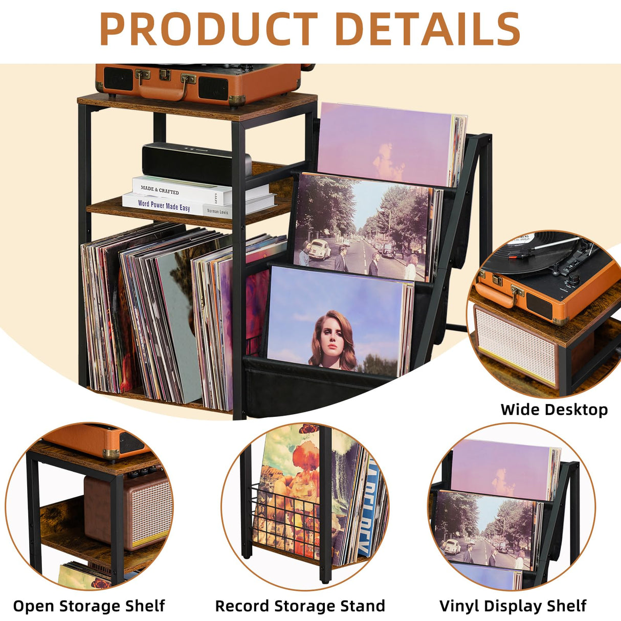 LELELINKY Record Player Stand with Vinyl Storage, 3 Tier Turntable Stand with Display Shelf Storage Up to 180 Albums,Brown End Table Records Cabinet for Media Stereo Speaker, Amplifiers, Magazines LELELINKY