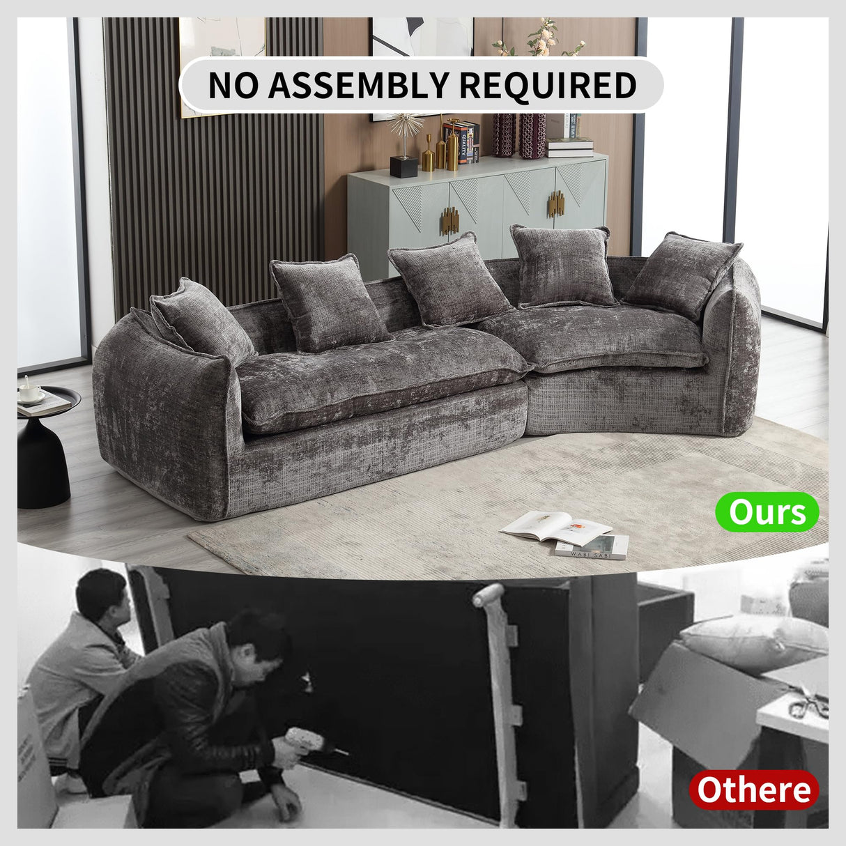 SmartEdge 125'' Modular Curved Sofa Couch, Chenille Deep Seat Sofa with 5 Pillows, Comfy 5 Seat Sofa Cloud Couch, Modular Sectional Sofa for Living Room Apartment Office, Grey SmartEdge