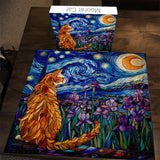 Cat Puzzles for Adults 1000 Pieces, PICKFORU Stained Glass Puzzles Feature Purple Iris Flowers, Starry Night, Moonlit Cat Flower Jigsaw Puzzle for Cat Lovers PICKFORU