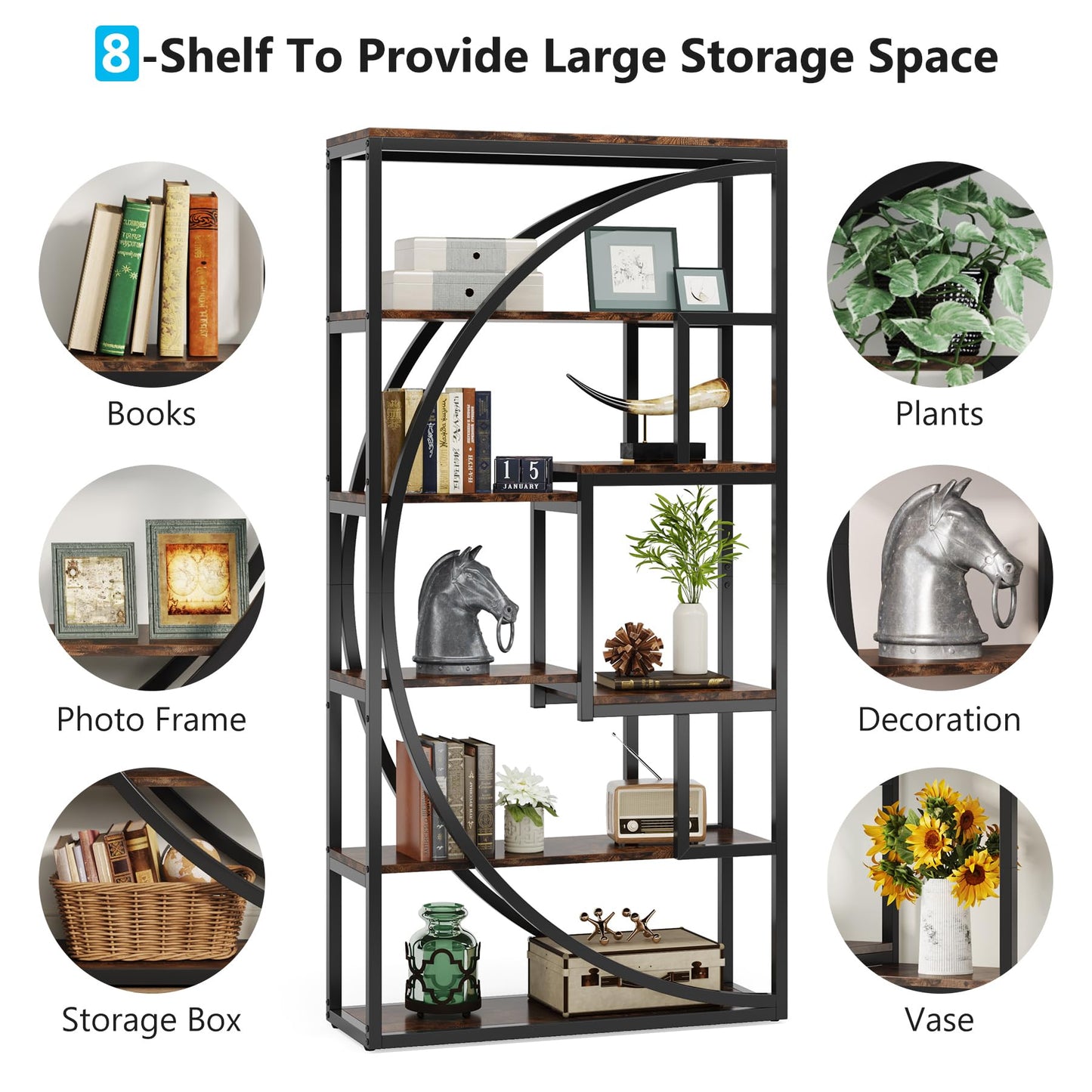 Industrial 5-Tier Geometric Bookshelf with 8 Open Shelves in Rustic Brown - WoodArtSupply