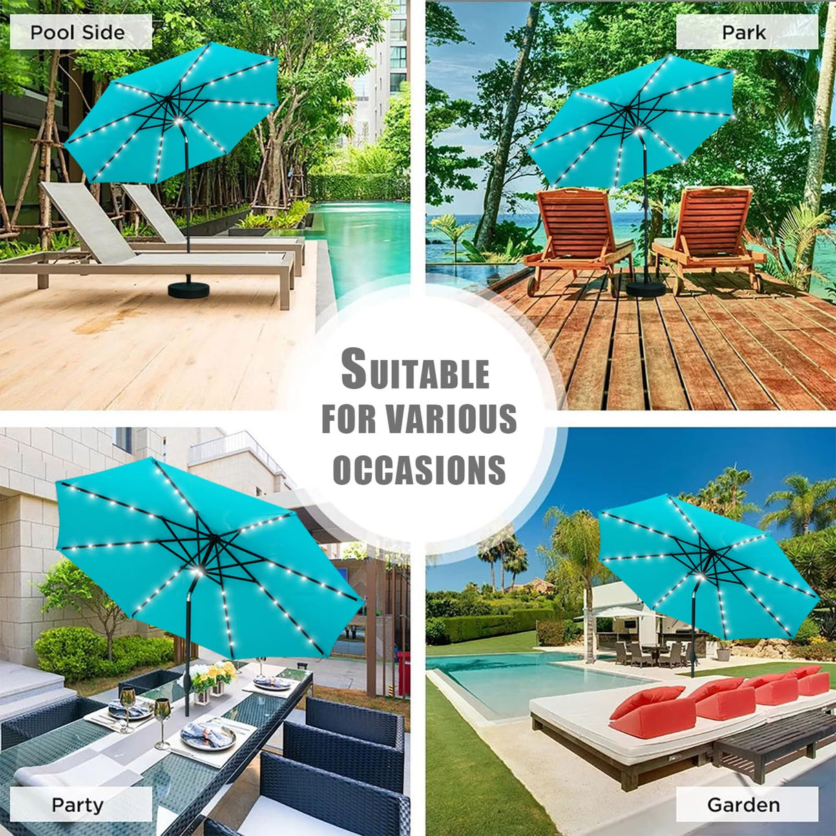 GDY 10Ft Patio Umbrella, Solar Powered 40 LED Lighted Outdoor Table Market Umbrellas with Tilt and Crank, Center Light (Lake Blue)… GDY