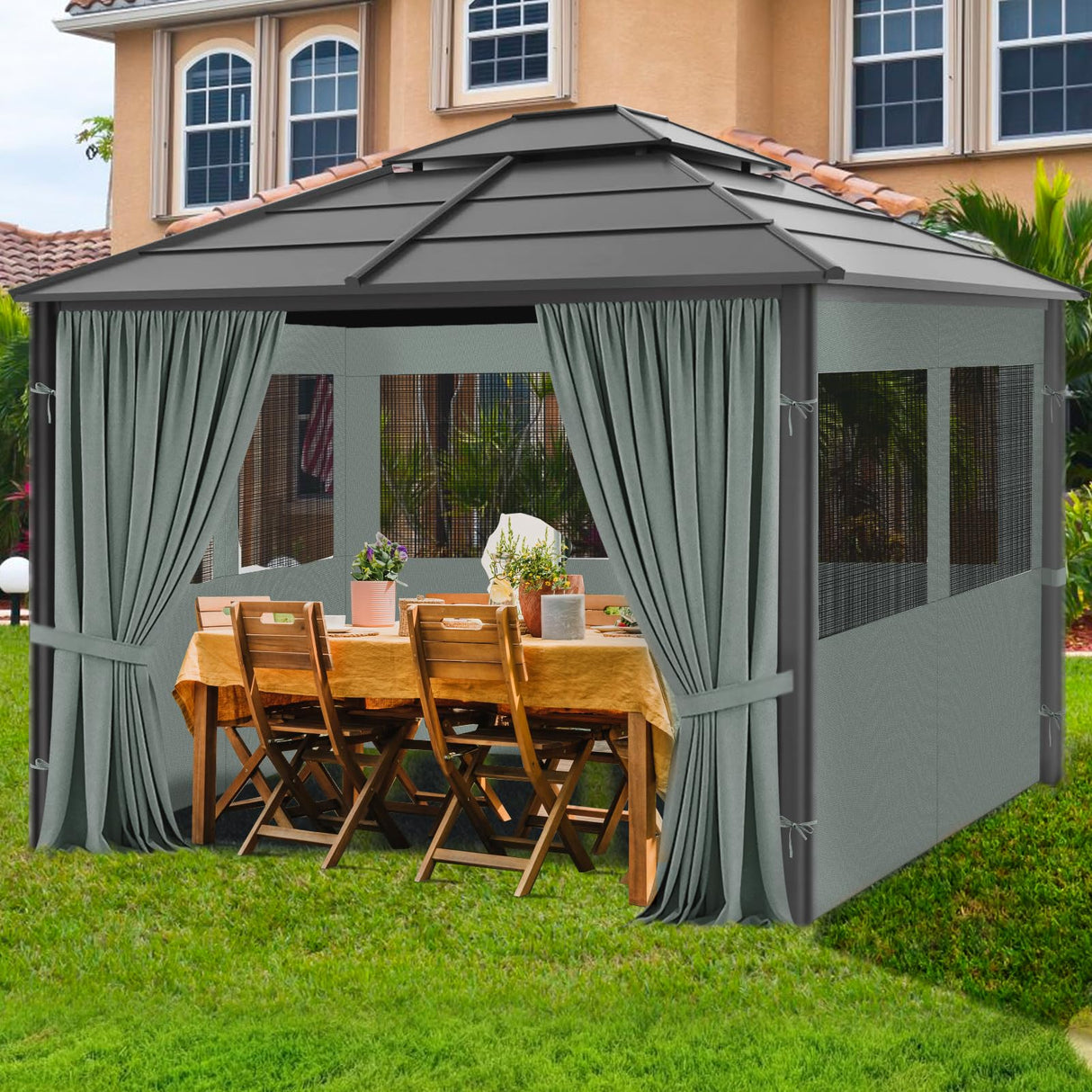 Gazebo Privacy Curtain 10'x10', Replacement Curtains with Mosquito Net Windows, 4-Panels Side Wall, Zippers, Waterproof Outdoor Curtains for Patio, Canopy, Garden and Backyard, Gray (Curtain Only) Bstge