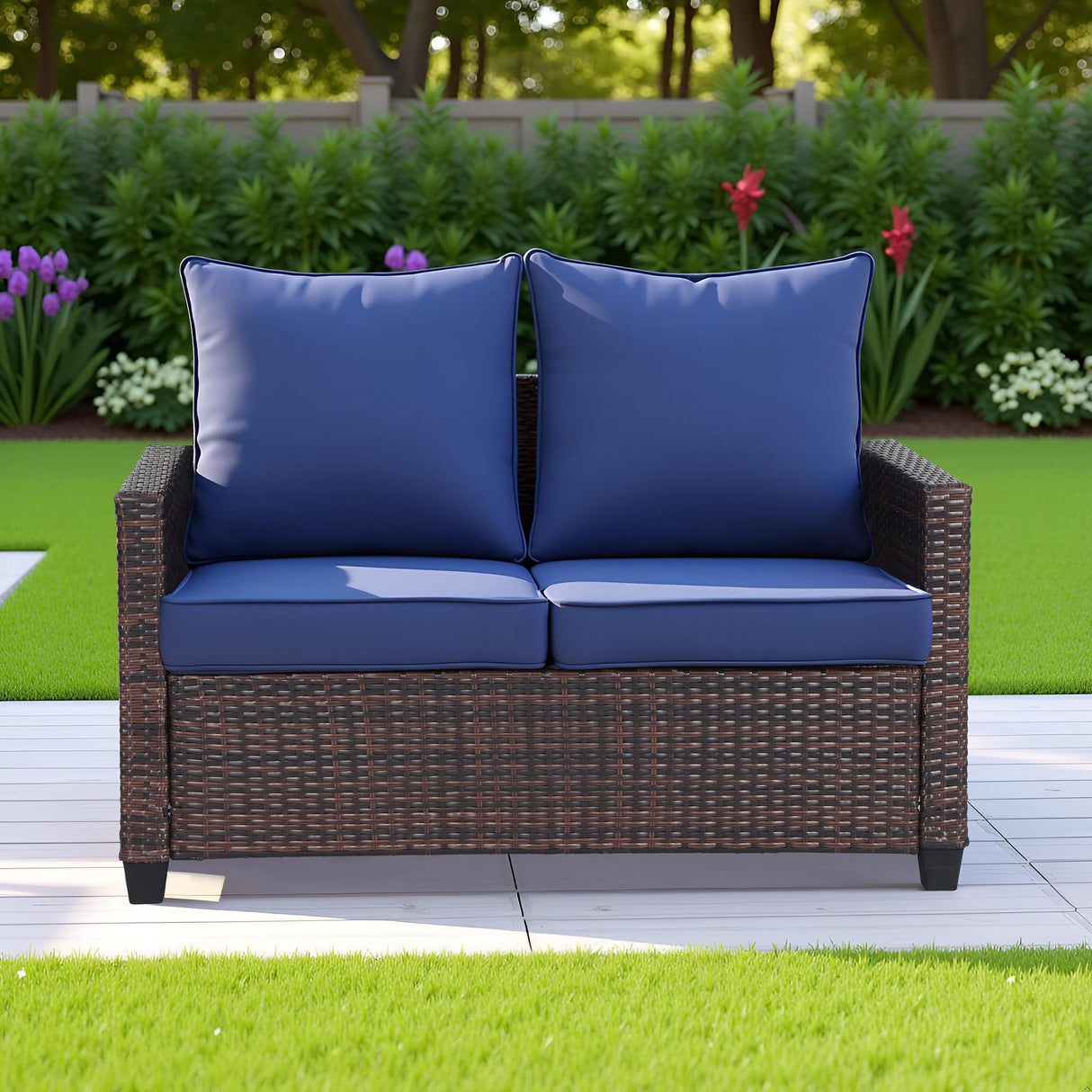EortheX Outdoor Patio Loveseat,All-Weather Wicker Loveseat with Cushions – Rattan Outdoor 2 Person Sofa Furniture for Garden, Balcony, and Deck,Sectional Patio Love seat Sofa Set - Blue EortheX outdoor fancy