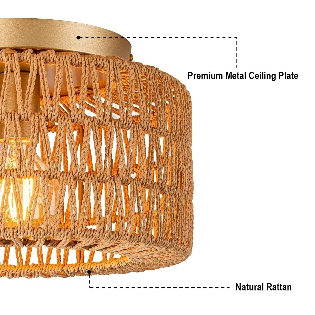 SineRise Rattan Ceiling Light Fixtures (12-Inch, LED Bulb Included), Hand-Woven Boho Flush Mount Ceiling Light, Rattan Chandelier for Hallway Kitchen Farmhouse Foyer Entryway Living Room(Gold) SineRise