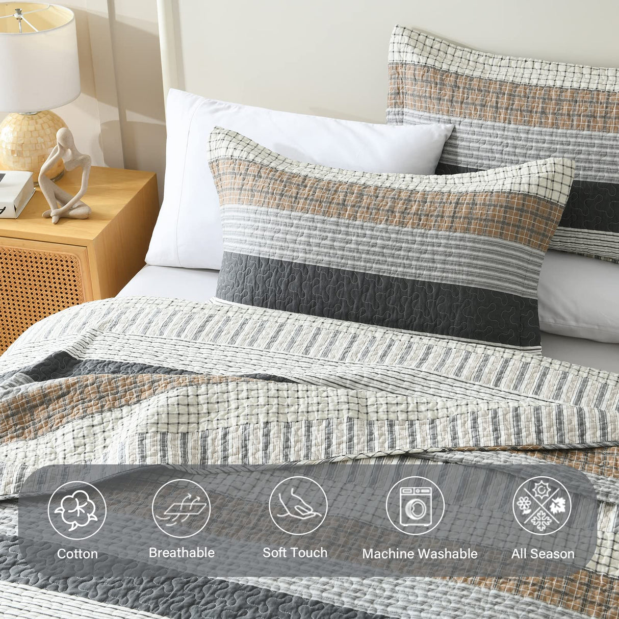 Finlonte Queen Size Quilt Set, 100% Cotton, Grey Striped Reversible Lightweight Soft Quilted Comforter Set for All Season, 3-Piece Finlonte