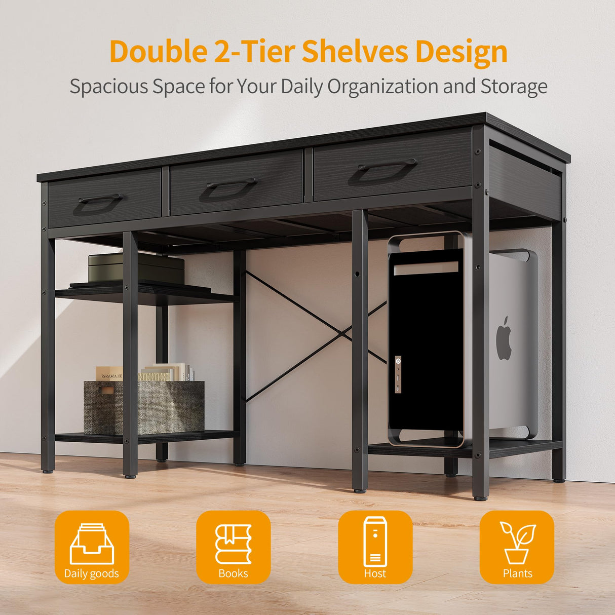 CubiCubi 47 Inch Computer Desk with 3 Drawers and Storage Shelves, Small Home Office Desk, Study Writing Table, Simple Desk for Bedroom, Black CubiCubi