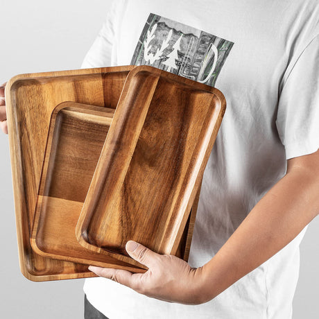 BF BILL.F SINCE 1983 Acacia Wood Rectangular Serving Tray Set of 3, Elegant Farmhouse Style BF BILL.F SINCE 1983