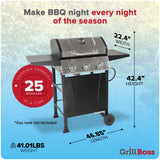 Grill Boss Propane 3 Burner Gas Grill, Portable BBQ w/Lid, Wheels & Side Shelves, Black GRILLBOSS