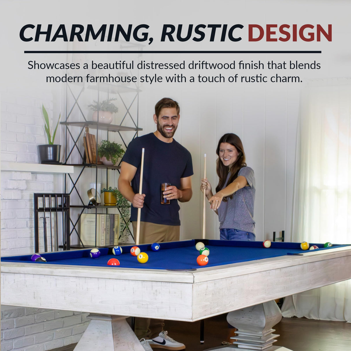 Hathaway Montecito 8 Ft Furniture Pool Table – Includes Cue Sticks, Billiard Balls – Modern Design Perfect for Family, Home, Dining, or Living Room – Blue Felt with Driftwood Finish Hathaway