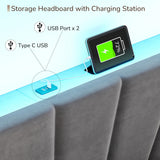 EnHomee King Size Bed Frame with Velvet Headboard and LED Lights, Storage Headboard Platform Bed with Charging Station, Sturdy Wooden Slats Support,Noise-Free,Easy Assembly, Dark Gray EnHomee