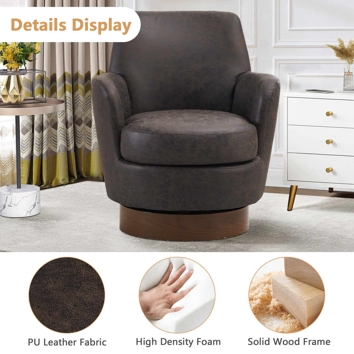 HUMEHA Swivel Barrel Chairs Set of 2, Modern PU Leather Swivel Accent Chairs Armchair with Gold Stainless Steel Base, Reading Chair for Bedroom Comfy Round Barrel Chair for Living Room, Brown HUMEHA
