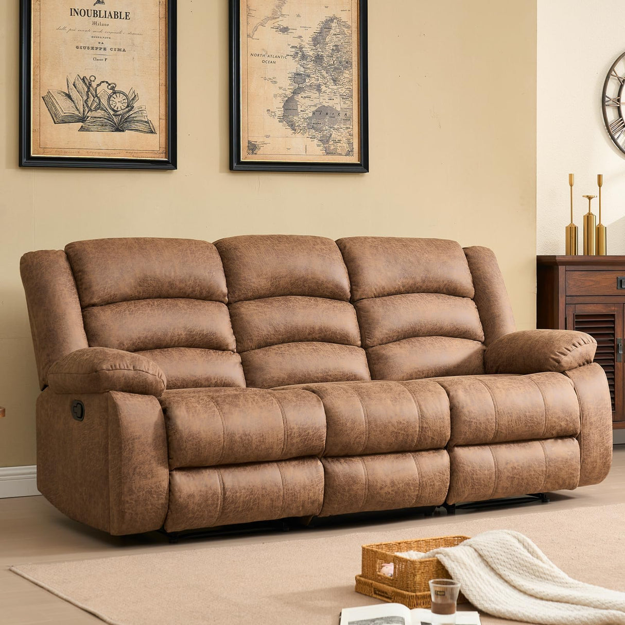 EBELLO Faux Leather Manual Reclining Sofa with 2 Concealed Cup Holders,Overstuffed Armrest 3 Seat Recliner Sofa, Couch for Living Room, Bedroom, Meeting Room, Light Brown(Sofa) EBELLO