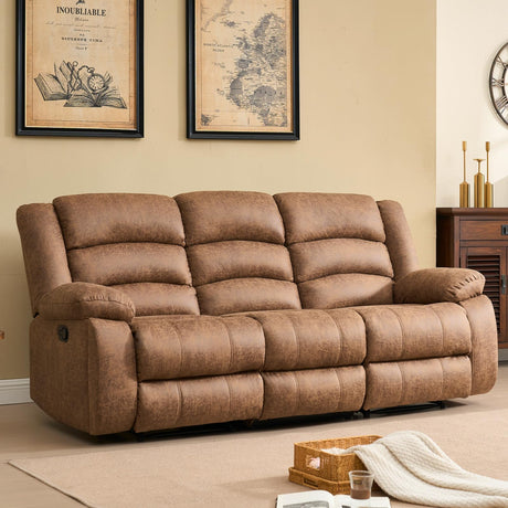 EBELLO Faux Leather Manual Reclining Sofa with 2 Concealed Cup Holders,Overstuffed Armrest 3 Seat Recliner Sofa, Couch for Living Room, Bedroom, Meeting Room, Light Brown(Sofa) EBELLO