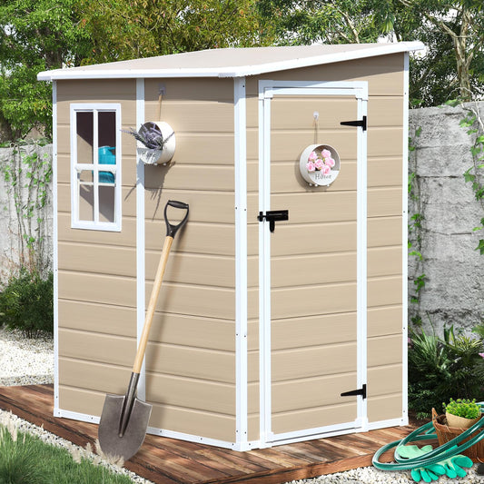 CDCASA 5x4 FT Storage Shed, Waterproof Resin Outdoor Storage Shed with Floor & Window & Lockable Door, Tool Shed for Garden Patio, Backyard,Lawn, All Weather Use, Light Brown