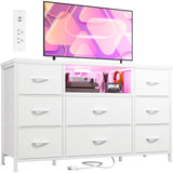 White Dresser TV Stand for 55'' with LED Lights & Charging Station, Dresser for Bedroom with 8 Drawer, Chest of Drawers with Open Shelves, 6 Adjustable Feet, Hallway, Entryway EnHomee
