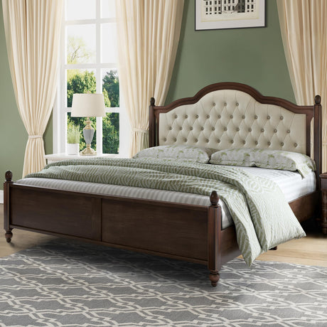 YUMPIE Solid Wood Queen Bed Frame, Transitional Platform Bed with 52.5" Tufted Upholstered Headboard, Rubberwood Construction, Roman Column Accents, No Box Spring Needed YUMPIE