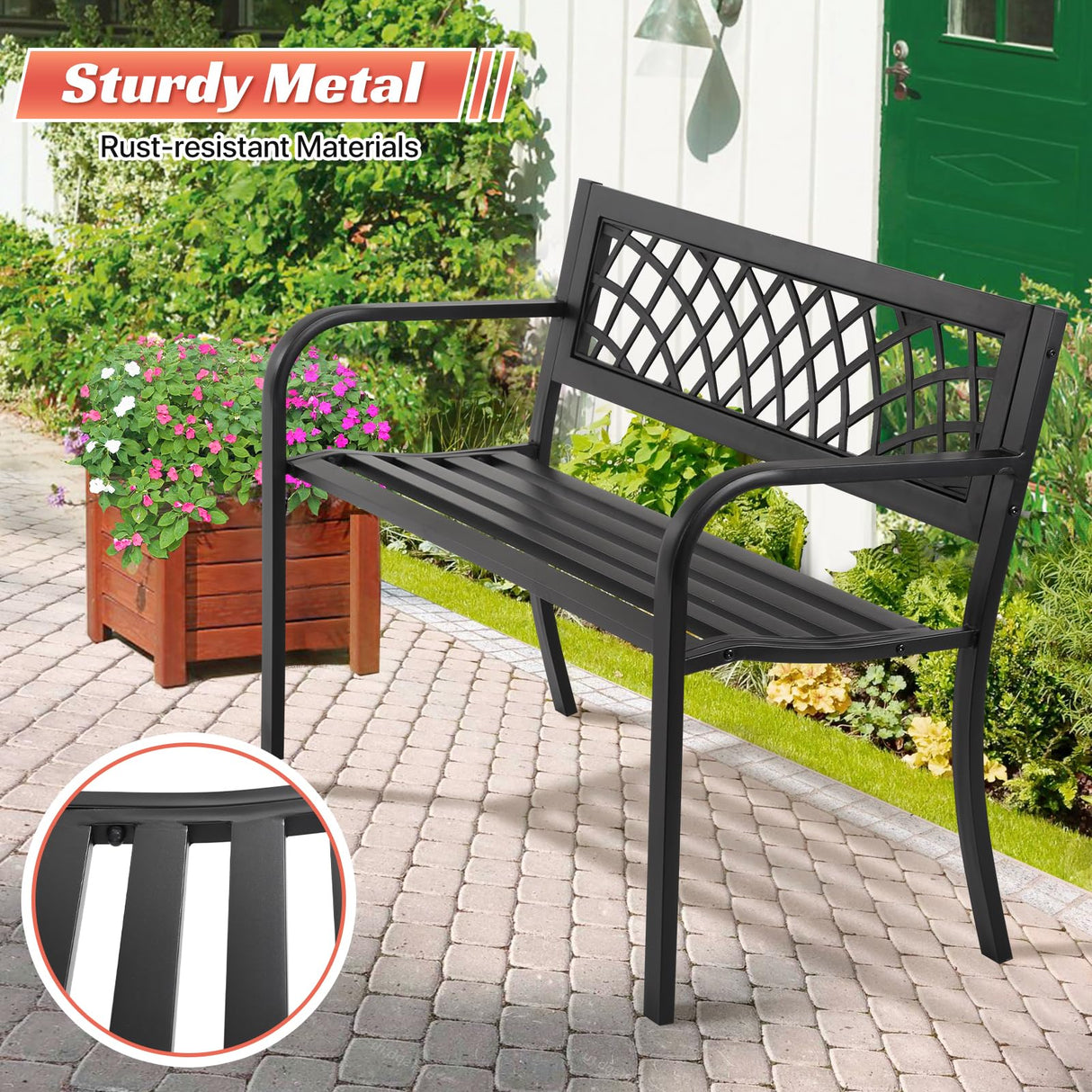 Garden Bench Patio Bench Outdoor Park Bench Metal Outside Porch Chair Seat Cast Iron Steel Frame Sturdy Bench Patio Furniture for Yard Porch Entryway Lawn Decor Deck, Black, 46 in HGS