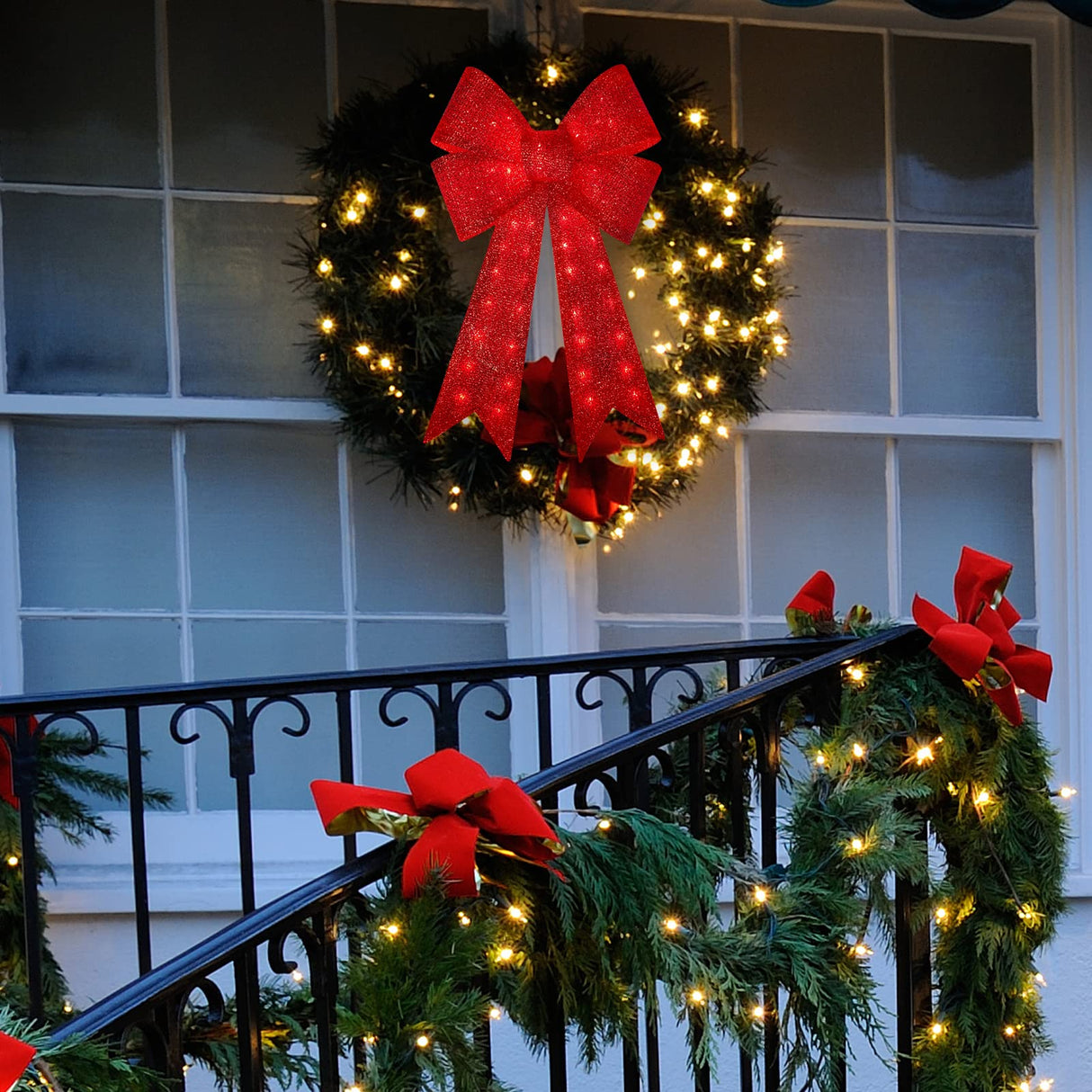 GLOWNOVA 48'' 126LEDChristmas Wreath Bow, Thanksgiving Wreath Bow,Christmas Tree Topper Decorative Bows, Christmas Glitter Red Bow for Front Door Wreath Home Indoor Outdoor Decorations GLOWNOVA