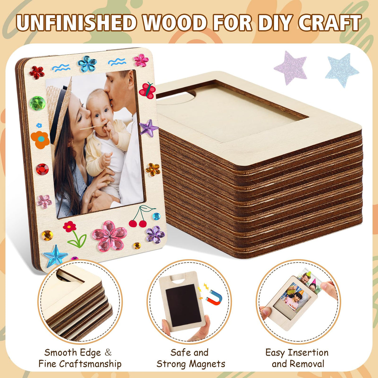 Yalikop 12 Pack Wooden Picture Frames for Crafts Unfinished Magnetic Picture Photo Frame with 12 Watercolor Pencils, Stickers, Mini Wood Fridge Magnetic Frames Display DIY Gifts for Refrigerator Yalikop