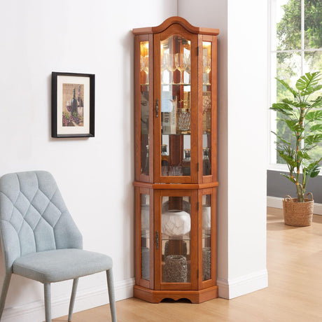 Eyisean Lighted Corner Display Curio Cabinet, 70.5" Tall Wooden China Cabinet with Tempered Glass Doors, Bar and Liquor Storage Area with 5 Shelves, Rack for Living Room (Oak) Eyisean