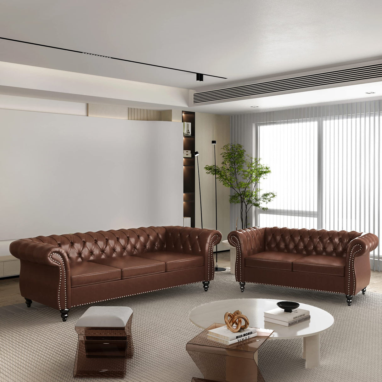 2 Piece Living Room Set, Chesterfield Leather Sofa Loveseat Couch with Scroll Arms and Nailhead for Living Room, Office (Dark Brown) ORRD