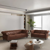 2 Piece Living Room Set, Chesterfield Leather Sofa Loveseat Couch with Scroll Arms and Nailhead for Living Room, Office (Dark Brown) ORRD