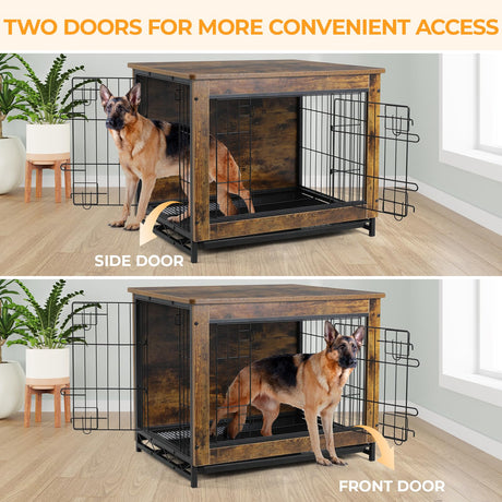 TLSUNNY Dog Crate Furniture, 44.1" Wooden Dog Crate Table, Indoor Dog Kennel with 2 Doors, Modern Dog Cage w/Pull-Out Removable Tray, Large/Medium/Small Dog House Furniture End Table, (Rustic) TLSUNNY
